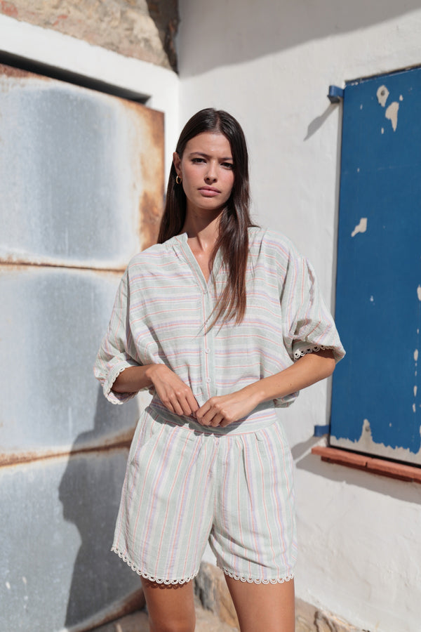 GESTRIPT BLUSE MIT SPITZE